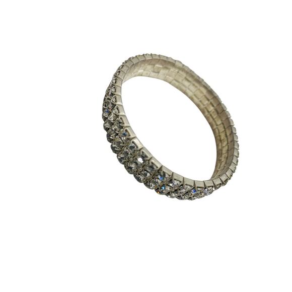 Vintage Rhinestone 3 Row Stretch Bracelet Silvertone Setting - Picture 4 of 5